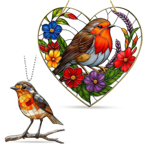 2 Pcs Robin Gifts, 20cm Heart-Shaped Robin Window Sun Catcher and Robin Hanging Ornament, Garden Decor for Windows and Patios, Colorful Bird Ornament Inspired Gift