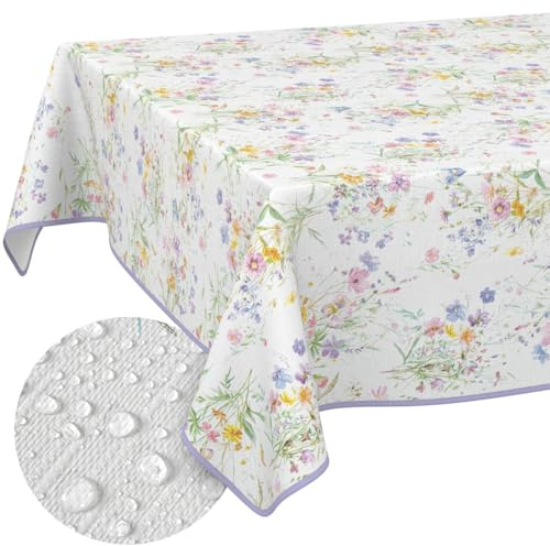Wachstuchtischdecke Tischdecke abwaschbar Wachstischdecke pflegeleicht wasserabweisend Lotuseffekt Outdoor Wachstuch Frühling Gartentischdecke Blüten 100 x 140 cm mit Saum (Eingefasst)