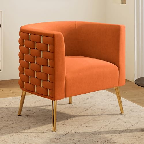 SEYNAR Moderner Samt-Akzentstuhl, bequemer breiter handgewebter Schalensessel mit Armlehnen, flauschig gesteppt gepolsterter Einzelsessel für Wohnzimmer, Schlafzimmer, Büro, Wartezimmer(Orange)