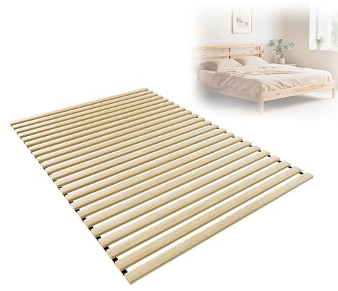 Aufun Somier enrollable de madera de abeto con 23 listones, 140 x 200 cm, plegable, estable, soporta hasta 300 kg, para todo tipo de colchones, incluye banda de goma negra