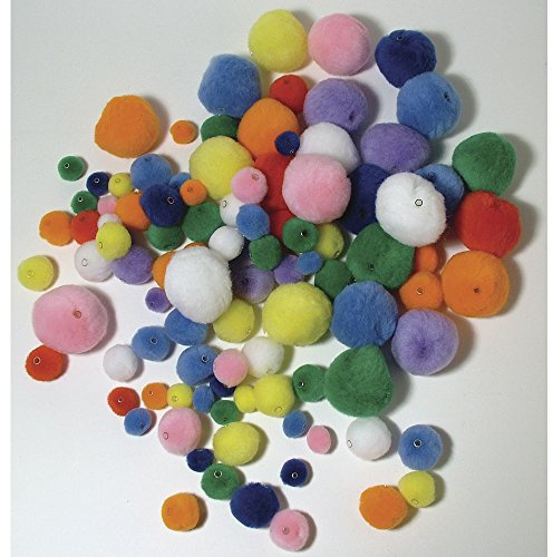 Rayher Pompons, mit Loch zum Auffädeln, Beutel 100 Stück, 4 Größen gemischt, bunt gemischt, Plüschbälle zum Basteln und Dekorieren, 7651549