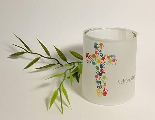 10 Mini Tischlichter Konfirmation, Kommunion, Erstkommunion, Tischschmuck Tisch Zuschnitte Dekoration Schön, dass du da bist Motiv - Buntes Kreuz aus Kinderhänden