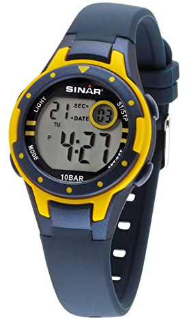 SINAR Jungen-Armbanduhr Jugenduhr Sportuhr Outdoor Digital Quarz 10 bar mit Silikonarmband und Licht Blau Gelb XE-52-2