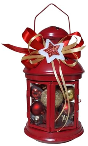 MC® Lanterna Rossa Natalizia con Palline Rosse e Dorate ideale per Casa Ufficio per abbellire Camino Albero di Natale o Centrotavola Mc Composizioni