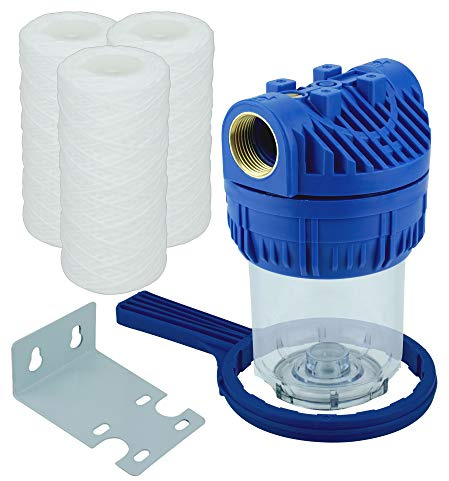 FILTROTECH Wasserfilter 5 Zoll Vorfilter inkl. 3 Faserfiltern | Gewickelte Garnfilter als Sediment-Vorfilter, fuer Gartenpumpe und Hauswasserwerk, 1 Zoll Gewinde