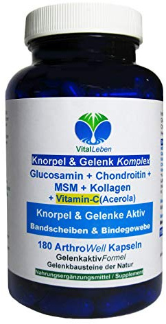 Knorpel & Gelenke Komplex + Vitamin-C 180 ArthroWell Gelenk-Kapseln – Natürliche Gelenkbausteine Glucosamin + Chondroitin + MSM + Kollagen. 26443