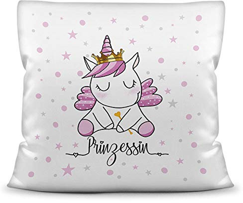 Tassendruck Kissen weiß Polyester inkl. Füllung mit Spruch Unicorn Prinzessin - Glitzer/Geschenk-Idee/Stern/Deko-Kissen/Einhorn/Unicorn