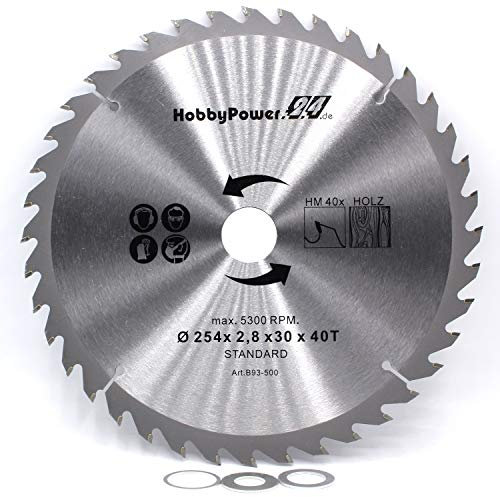 1 Kreissägeblatt Sägeblatt 254x30mm 40 Zähne + 3 Reduzierringe auf 25,4/20 / 16 mm für Scheppach Tischkreissäge HS105, HS110
