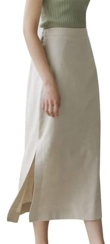 Ylingjun Long Linen Skirt for Women High Elastic Waisted Straight Linen Midi Skirt with Slit (Beige, M)