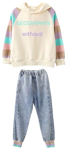 amropi 2 PCS Set Completo Ragazze Felpa con Cappuccio + Denim Pantaloni Jogging Tuta Beige Blu,11-12 Anni