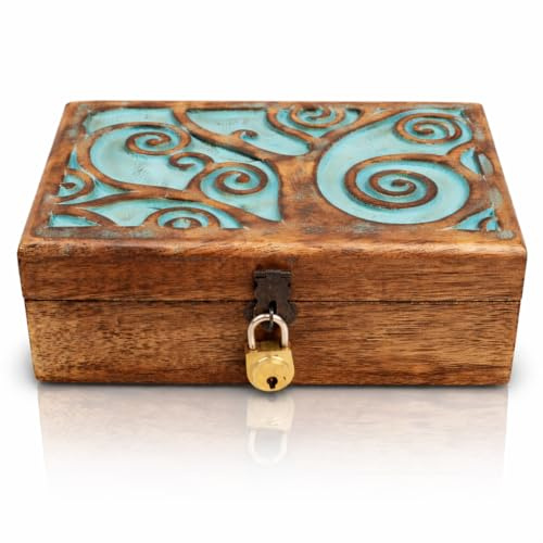 Tolles Geburtstagsgeschenk handgefertigte dekorative hölzerne Schmuckschatulle mit Baum des Lebens Carving & Lock & Key Schmuck Organizer Aufbewahrungskasten Treasure Brust Schmuckhalter (Blue)