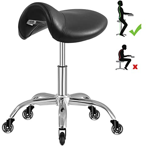 SALONFACTORY Saddle Stool with Wheels 300 lbs Weight Capacity, Heavy Duty Rolling Stool for Medical Massage Salon Kitchen Spa Drafting Nail-Tech,Height Adjustable,360 Swivel,Wide Thick Seat Padding