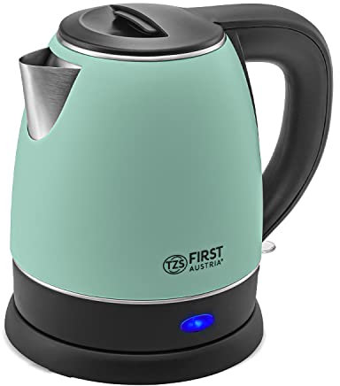 TZS First Austria Edelstahl Wasserkocher, grün-schwarz, 2200W | 1,2 Liter | Höhe 20cm | 360° Grad Abstellwinkel | integrierter Kalkfilter, Trockenkochschutz, kabellos
