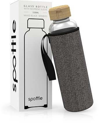 spottle – Gourde Verre Bouteille en Borosilicate avec Housse Néoprène, Lavable au Lave-Vaisselle, Adaptée à Toutes Boissons, Sans BPA, (550ml)