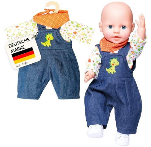 Heless 1115 - Set di Abbigliamento per Bambole, Design Dino, 3 Pezzi, con Salopette, Maglietta e Foulard, Taglia 28-35 cm