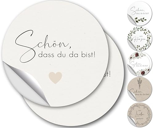 100 Aufkleber Schön dass du da bist - Sticker schön dass du da bist, Verpackungsaufkleber, Hochzeits Sticker, Rund 4,5cm Vintage, Hochzeit, Aufkleber mit Herz