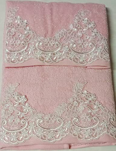 Corredocasa Coppia Asciugamani Bagno per Viso e Ospite in Soffice Spugna di Puro Cotone con Dettagli in Macramè, Realizzati con Manifattura Italiana di Alta Qualità Casa - cm. 60x110 e 40x60 (Rosa)