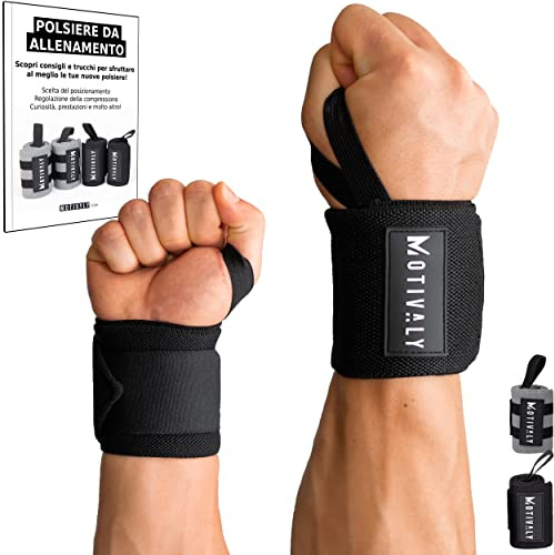 Motivaly Polsiere Palestra - Coppia Polsini Sollevamento Pesi - Fasce di Protezione e Supporto Polso per Allenamento Bodybuilding, Calisthenics, Crossfit | Ebook Gratis | Taglia L [60cm], Nero