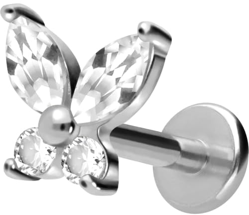 PIERCINGLINE Titan Labret mit Gewinde Aufsatz KRISTALLSCHMETTERLING Piercing Lippe Nase Ohr Helix Tragus Medusa Silberfarben 1,2 x 10 mm