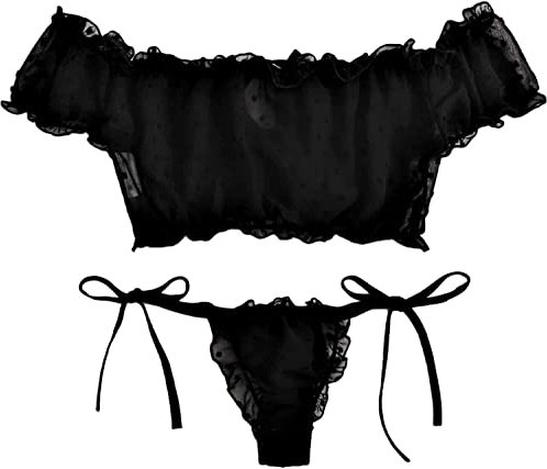 VicSec Women Sexy Babydoll Lingerie Set, Cute Transparent Bra and Panties Set, Adjustable Bowknot Strappy Teddy Underwear Naughty Sleepwear Nighties for Valentines Gift (Black, One Size)