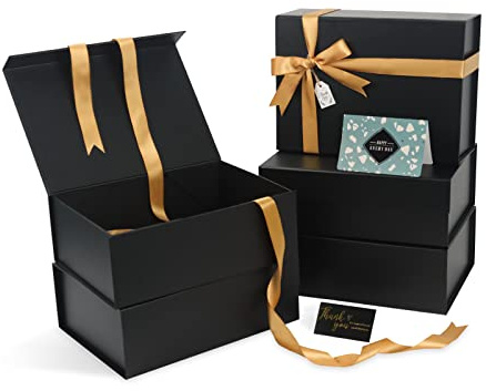 Schwarze Geschenkboxen mit Deckel, 5 Stück, 27,9 x 20,3 x 10,2 cm, mittelgroße Geschenkbox mit Schleife, faltbare Geschenkboxen mit Magnetverschluss für Geschenke, Brautjungfer-Antragsbox enthält