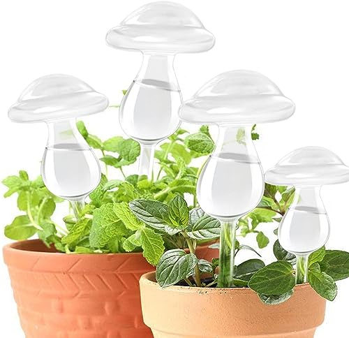 E-feilai - Glas-Bewässerungsspieß, Bewässerungskugeln für Pflanzen, Selbstbewässernde Glühbirnen für Zimmerpflanzen, Pflanzen Gießhilfe für Balkon und Garten. (4 Transparent Pilze)