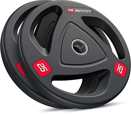 Hop-Sport Hantelscheiben 50mm Set, olympische Gewichtsscheiben aus Gusseisen für Langhantelstangen, Bumper Plates mit rutschfester gummierter Oberfläche für Krafttraining | 50 kg Set (2 x 25 kg)