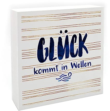 Interluxe Holzblock - Glück kommt in Wellen Maritim - Dekobild Holz Schild als Holzaufsteller Meer Küste Strand Urlaub