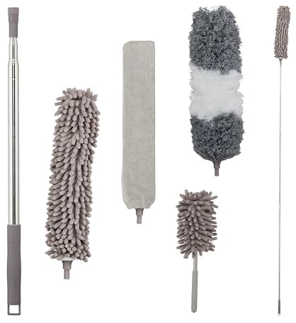 Relaxdays Staubwedel Set, 3 Aufsätze, 1 Staubmopp, Teleskopstange bis 2,5 m Länge, waschbar, biegbar, Staubwischer, grau