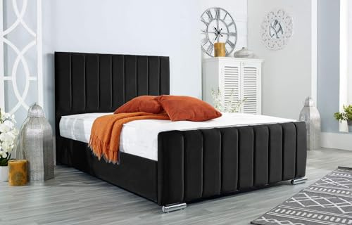 AuGold Beds Upholstered Panel Line 4FT6 Double Bed – Luxurious Black Plush Bed Frame with Headboard & Footboard – Durable Modern Panel Design for Stylish Compact Bedrooms (Double)