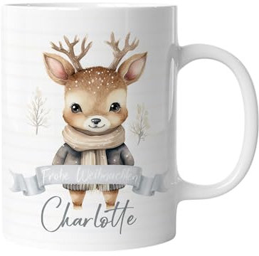 timalo® Kinder-Tasse Kunststoff Plastik bruchsichere Kindertasse mit Namen personalisiert „Frohe Weihnachten“ Jungen und Mädchen | Reh-4