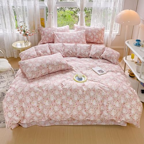 BuLuTu Toddlers Girls Duvet Cover Set Twin, 100% Cotton Kids Bedding Set, Pink Flowers Cute Bunny Print Duvet Cover Twin with Zipper & Corner Ties, Machine Wash