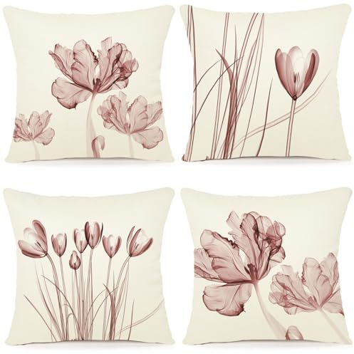 ZWJD Fodera per Cuscino Decorativa in Lino 40x40 Set di 4 Fodere per Cuscini Floreale Pittura ad Acquerello Fodere per Cuscini per Divano Camera da Letto Divano Cuscino per Esterno 40x40 A254-16