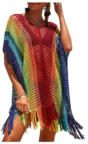 Donna Bikini-Sexy Estate-Spiaggia Casual-Vacanza Cover-Up - Costume da Bagno con Scollo a V Hollow Out Copricostume Colorati Crochet Bikini Cover Up con Frange Loose Elegante Abito da Donna Arcobaleno