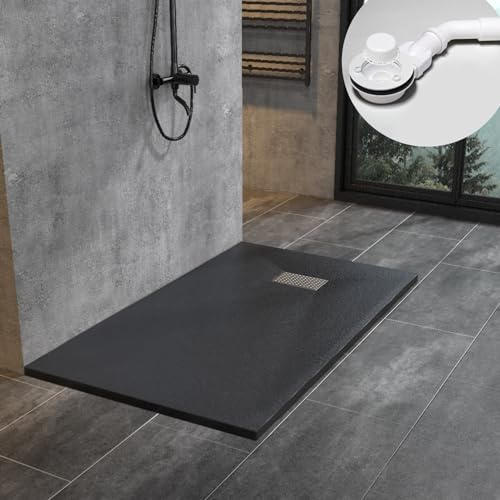 WITEN&NOCK Receveur de douche en SMC 120 x 80 cm noir 3,2 cm aspect pierre extra plat antidérapant avec couvercle en acier inoxydable et bonde d'écoulement Ø 90 mm