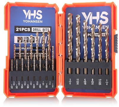 YOHANSEN 21Pcs Cobalt Drill Bit Set (1/16-3/8), M35 High Speed Steel, Twist Jobber Length for Hardened Metal, Stainless Steel, Cast Iron, Wood, and Plastics, with Metal Index Storage Box