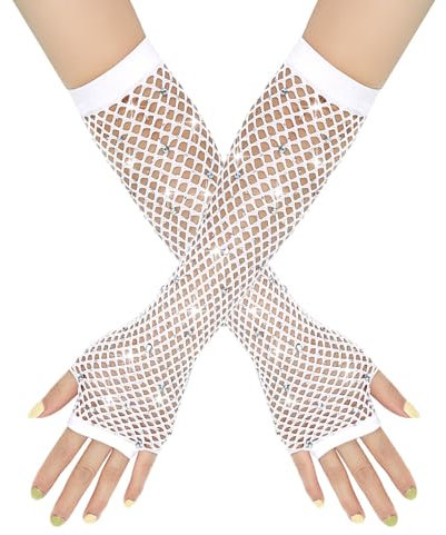 BrightGlow Netzhandschuhe Damen Lang Fischnetz Fingerlose Handschuhe Strass Mode Lang Netz Mesh Handschuhe Abendhandschuhe Opernhandschuhe für 80er Jahre Kostümparty Zubehör Weiß Einheitsgröße