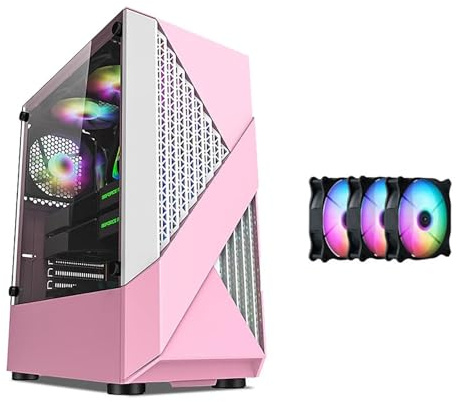 Caja For Computadora Caja ATX De Torre Media De Vidrio Templado - Alto Flujo De Aire - Sistema De Administración De Cables - USB 3.0 - Fuerte Disipación De Calor - Incluye Ventiladores De Color - Rosa