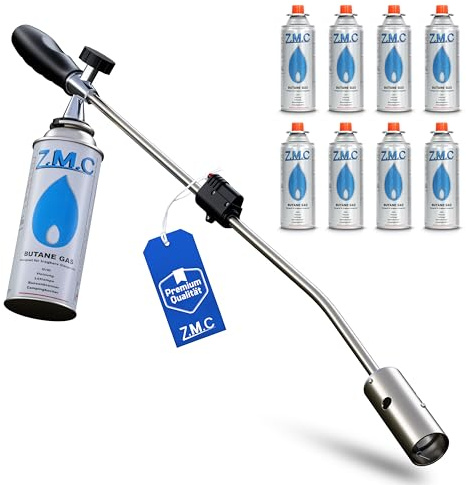 Z.M.C Unkrautbrenner 2,5 kW + 8x Gaskartuschen 227g | Piezo-Zündung & stufenlose Flammenregelung | Abflammgerät bis 1400 °C | Unkrautvernichter für Garten, Gehweg & Einfahrt