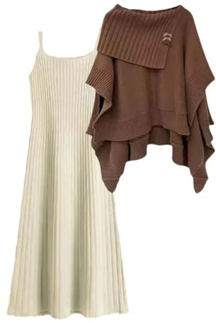 2-teiliges Strickset für Damen, lässiger Slash-Ausschnitt, eleganter Umhang, Pullover + Strickkleider-Sets, Set2, S