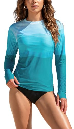 SHEKINI Camiseta de manga larga para mujer, con protección solar, agujeros para el pulgar, ligera, de secado rápido, talla grande, estampada, para la playa, Azul degradado., XXL
