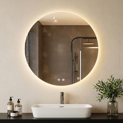 Warmiehomy Specchio da bagno rotondo con luci LED, 500 mm, specchio da bagno illuminato a LED, montaggio a parete, illuminazione a 3 colori, anti-appannamento, impermeabile IP44, touch control