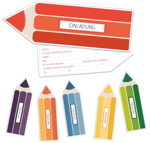PuK Buntstift Einladungskarten Einschulung |12 Einladungen in 6 Farben | Perfekt für Schulanfang, Kindergeburtstag & Mottopartys | Einfaches Ausfüllen & leuchtende Farben (Buntstift-Einladungen)