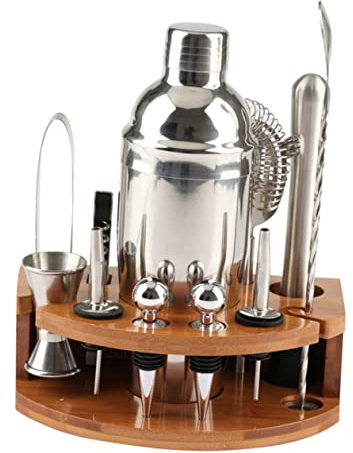Cabilock Coctelera de Acero Inoxidable 12 Piezas Soporte de Bambú para Preparar Cócteles en Reuniones Amigos Kit Profesional de Herramientas de Barra