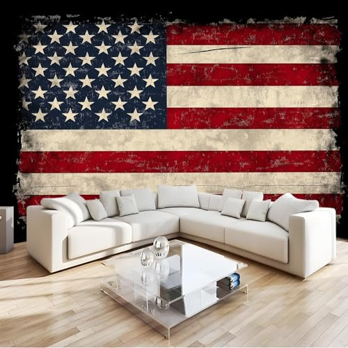 3D Mural Drapeau américain vintage Papier peint panoramique 350 x 256 cm Revêtement mural décoration chambre salon - Design moderne Murale Effet Trompe Loeil Rouge
