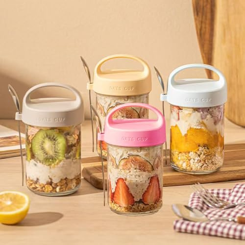 Hylruu Reusable Overnight Oats Jars with Lid and Spoon Set, 4 Pack 430ml Airtight Oatmeal Container with Measurement Mark, Glass Mason Jars for Cereals, Milk, Yogurt, Fruit, Salad
