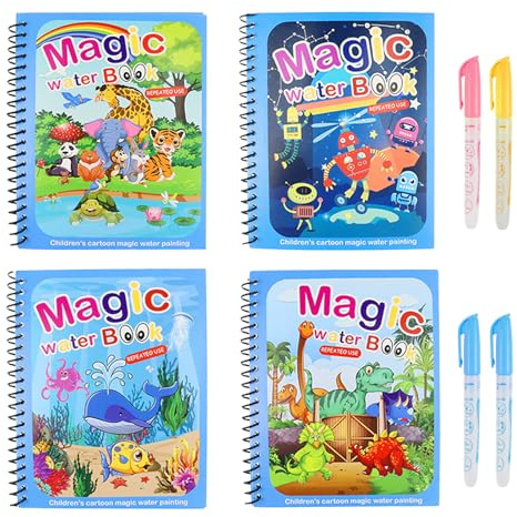 Alppihym 4er Set Magisches Wasser-Malbuch für Kinder – Wiederverwendbare Malbücher mit buntem Farbeffekt – Kreativer Malspaß ganz ohne Kleckerei, kompatibel mit Water Wow