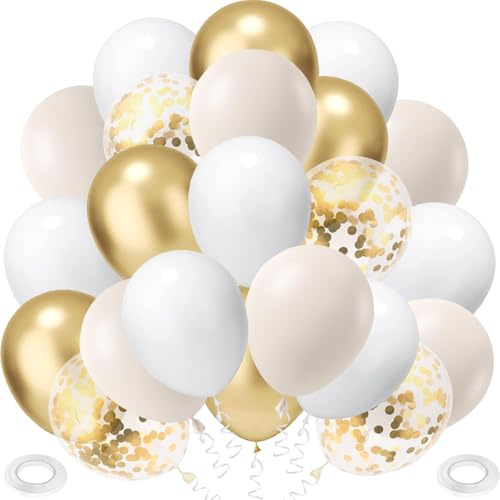Luftballons Sandweiß Gold, 60 Stück Beige Weiß Luftballon Mattweiß Metallic Gold Helium Ballon Konfetti Latex Balloons für Taufe Geburtstag Hochzeit Baby Shower Party