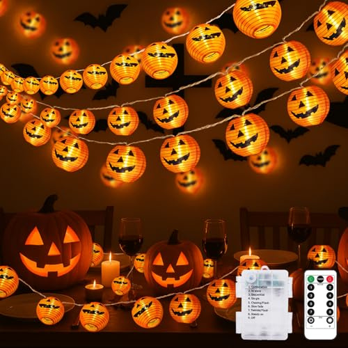 btfarm Halloween Deko Lichterkette Batterie Lampions mit Fernbedienung, 8M 20 LED Kürbis Lampions Lichterketten mit Timer, 8 Modi Wasserdicht Lampion Batterie für Balkon Garten Party, Orange