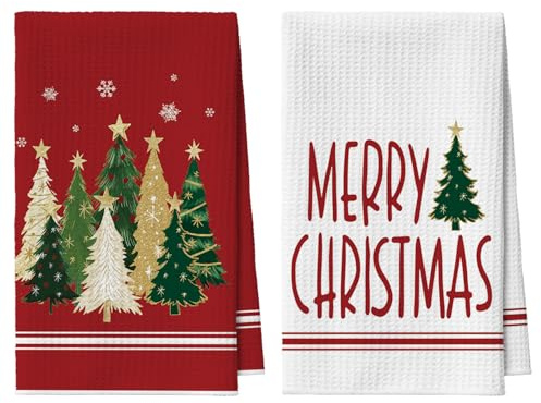 Artoid Mode Rot Kiefern Sterne Schneeflocken Weihnachten Küchentücher Geschirrtücher, 42x65 cm Merry Xmas Mikrofaser Saugfähig Küchen Deko 2er Set